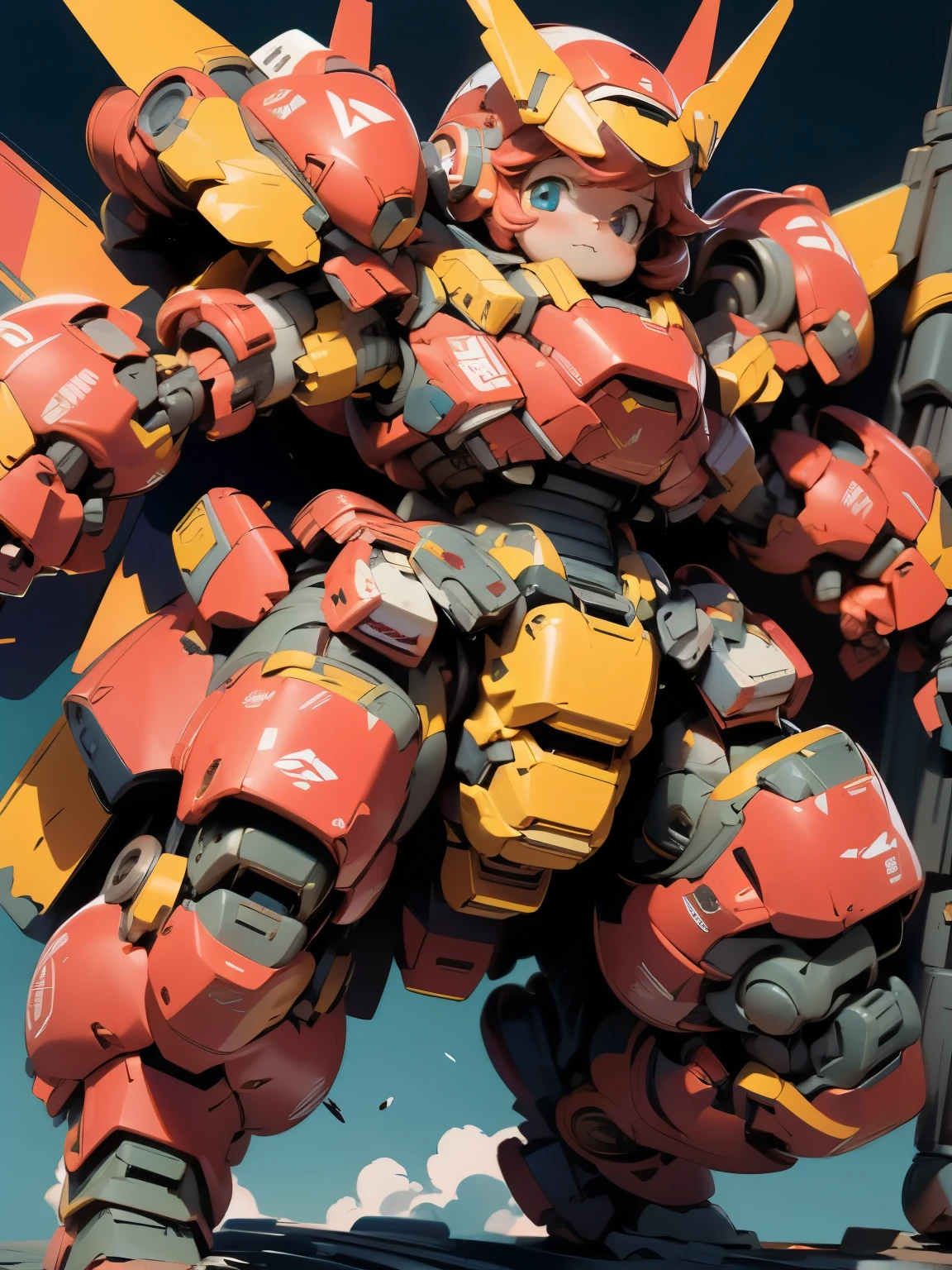 (((1 chibi girl in large red-colored robot costume, from below))), (holding weapons), (chibi), (bulky:1.8), (((helmet:1.5))), large cute face, (((looking down:1.8))), mechanical parts, ((mechanical wings)), (full armor:1.8), (mecha armor:1.8), (shoulder guards:1.2),(huger arms), ((mechanical arms:1.5)), (short legs), (huger body:1.8), (heavy equipment:1.6), (from below), (headgear), blue sky, white clouds, robot joints, becoming a mecha, mecha, (RARS), (HRS), ROBOTANIMESTYLE, BJ_Cute_Mech,cute, girl BREAK ((masterpiece)), vibrant colors, 8k, best quality, ultra detailed illustration, ((best quality)), ((high resolution)), flawless skin textures, shiny oiled skin, extremely detailed anime eyes , extreme light and shadow