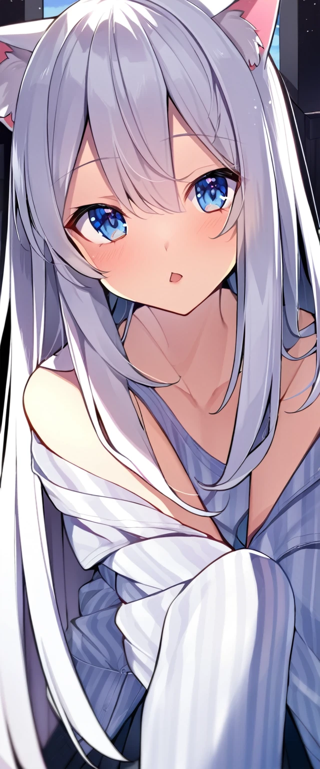 one girl, cat ears, white hairs, naive, long hairs, light blue eyes