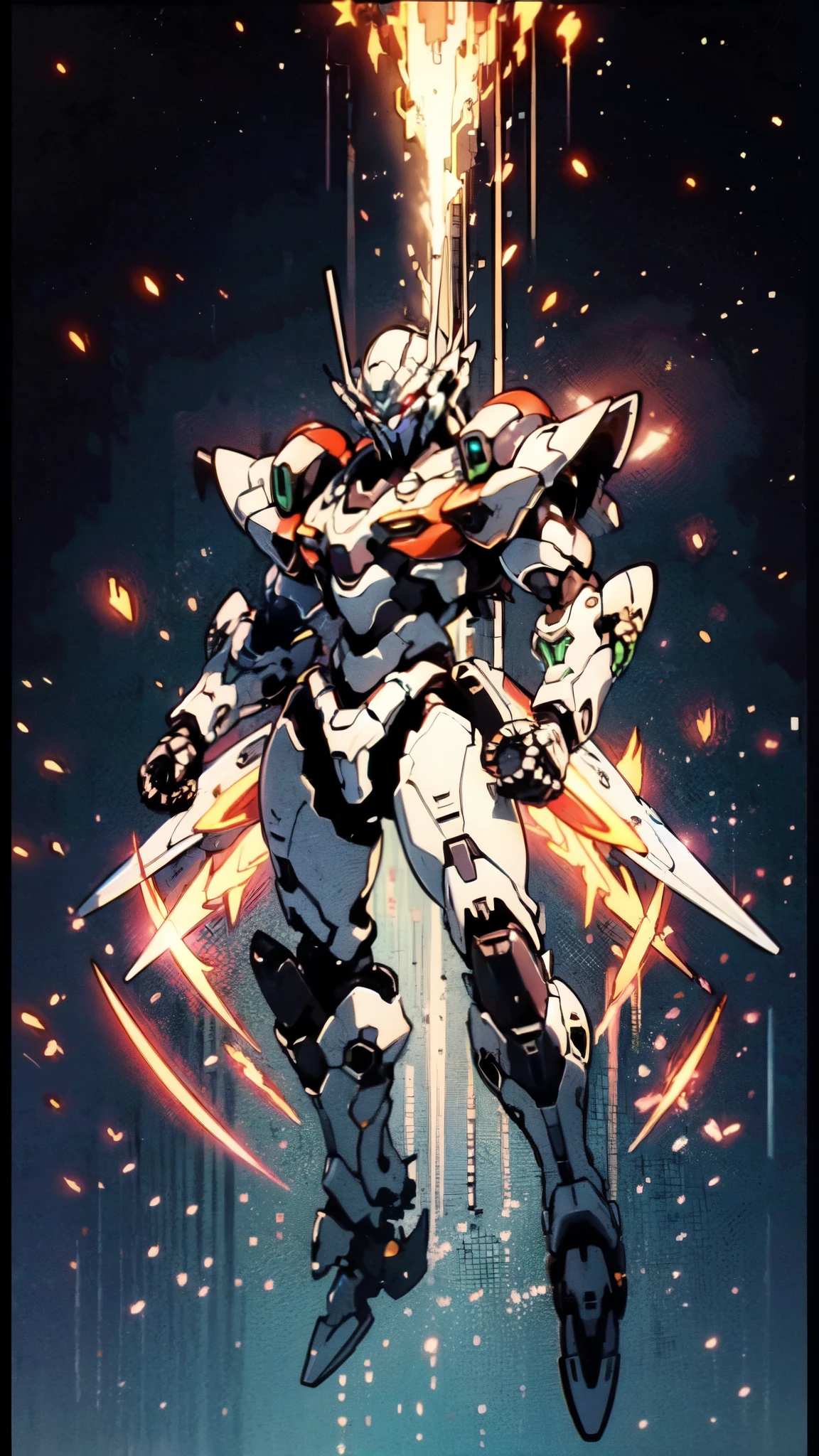 (masterpiece:1.5, best quality:1.5, extremely delicate:1.5), humanoid Mecha, fully enclosed shoulder guards, matching arm and leg guards, full body, full armor, the design balances heavy with agility, (the color scheme is primarily white with red and blue accents, the concept Inspired by Super robot, organic biotech armor, standing, floating high above the futuristic sci-fi city), exquisite and mature art style, (aura effect, energy, glowing eyes, the armor glows), metallic, dramatic, high definition, highres, ultra-detailed, ultra-fine painting, professional, perfect body proportions, anatomically correct, symmetrical face, extremely detailed eyes and face, high quality eyes, creativity, RAW photo, UHD, 32k, Natural light, cinematic lighting, masterpiece-anatomy-perfect