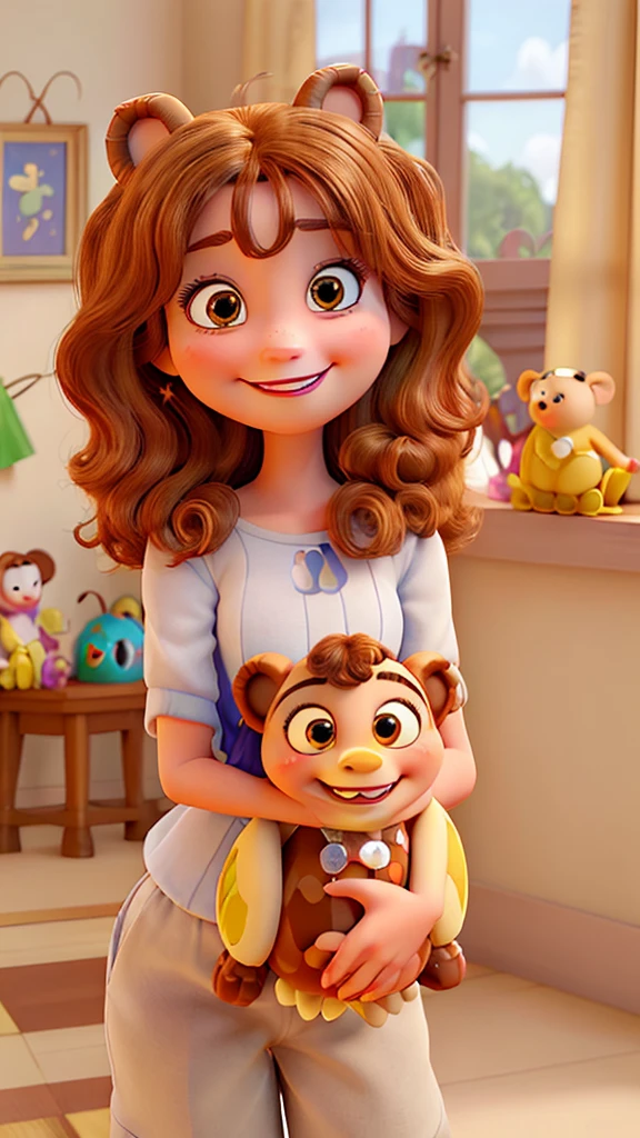 Disney Pixar Brunette , honey-colored eyes, Grinning, holding a stuffed elephant, high qualiy, curled hair, curtain