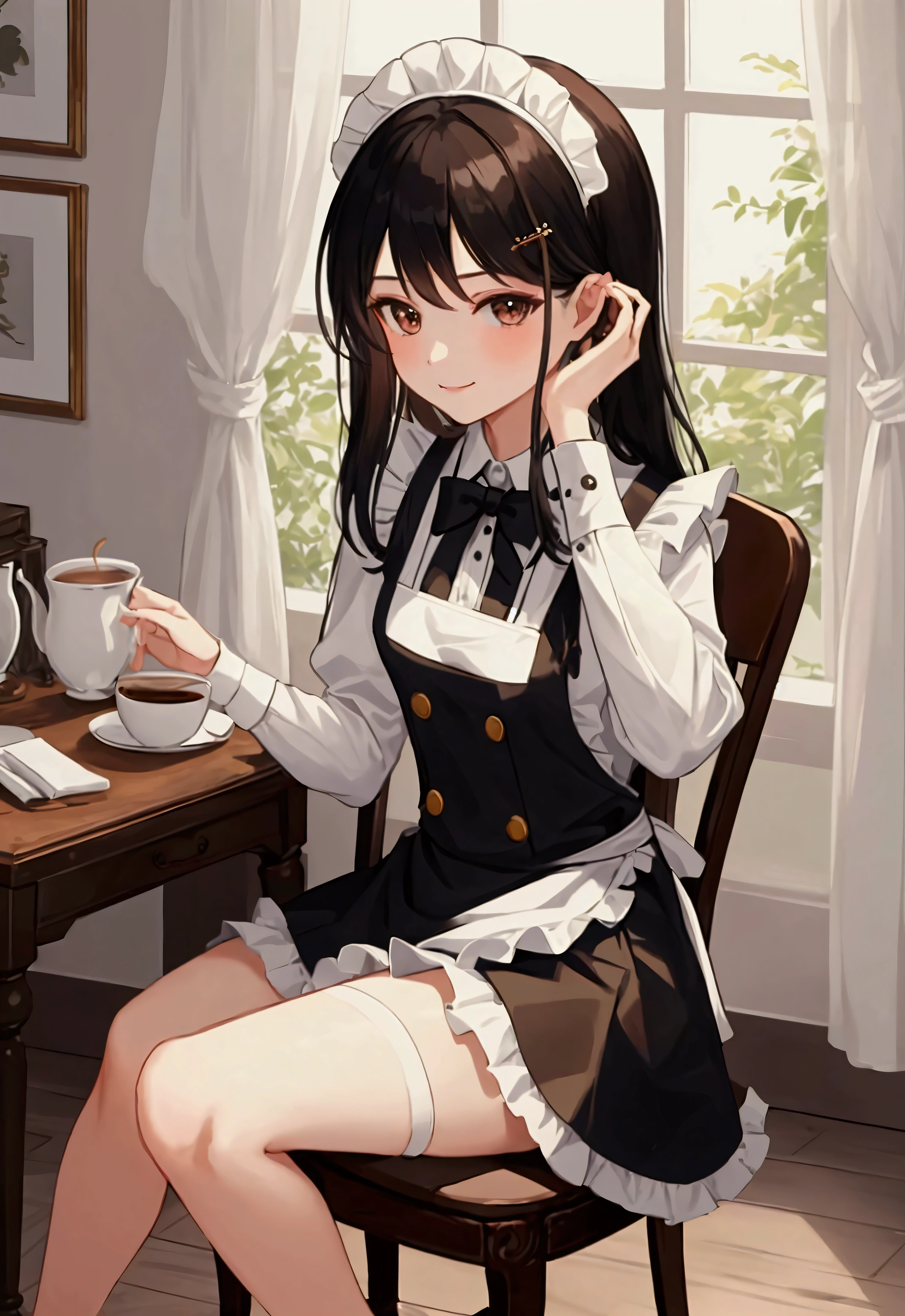masterpiece, Highest quality, Absurd, Super detailed, 1 girl、As an adult、smile、shirt、skirt、apron、hair ornaments、Black Hair、Brown eyes、Fairy、Maid、Maidコスチューム、(Small breasts)、Wind、Squat、coffee、Sitting in a chair
