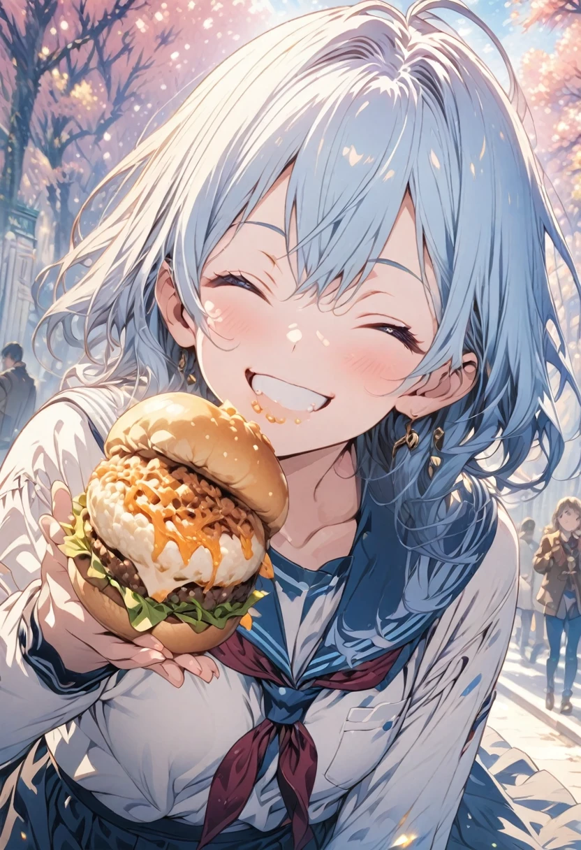 masterpiece, Highest quality, Highly detailed CG Unity 8k wallpaper, High School Girl Anime Illustration. Wear a uniform、She is making a peace sign while eating lunch、Blue Hair、she has her eyes closed and mouth open, smile. The background is a light pastel colored landscape.