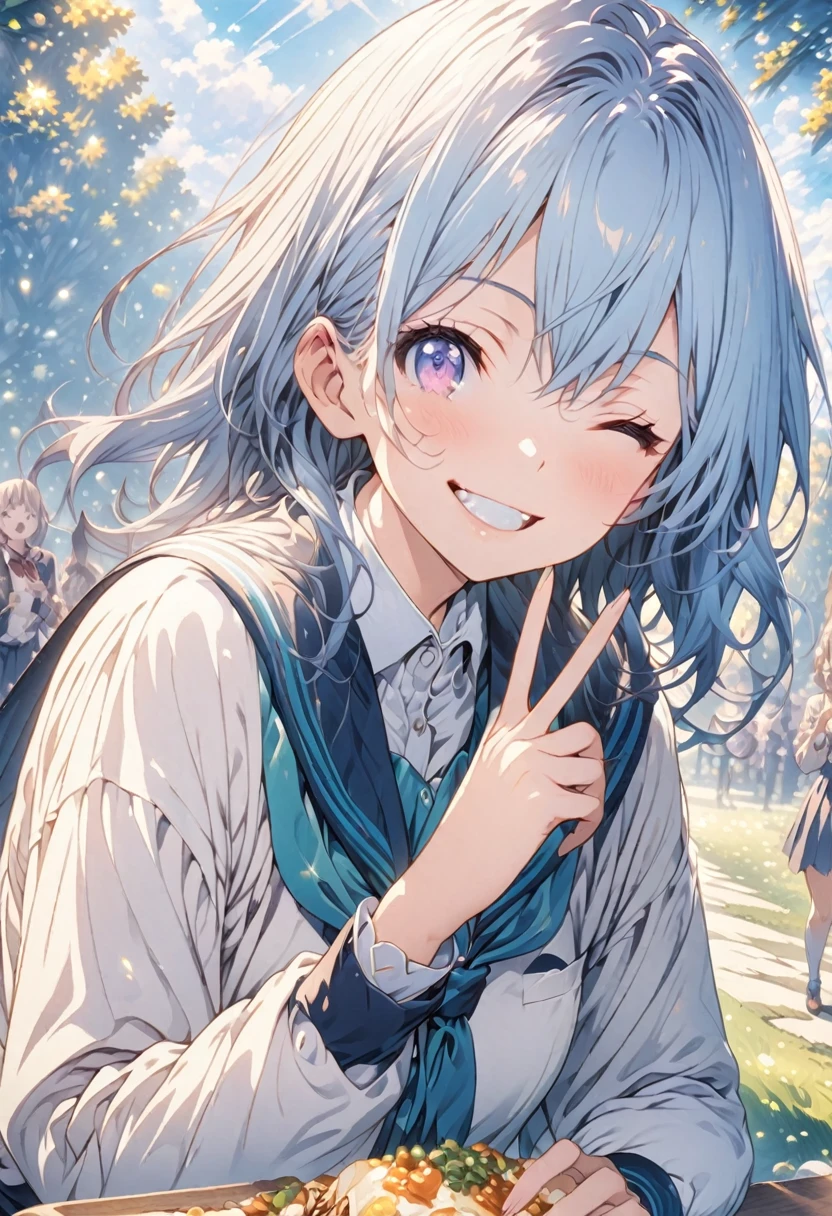 masterpiece, Highest quality, Highly detailed CG Unity 8k wallpaper, High School Girl Anime Illustration. Wear a uniform、She is making a peace sign while eating lunch、Blue Hair、she has her eyes closed and mouth open, smile. The background is a light pastel colored landscape.
