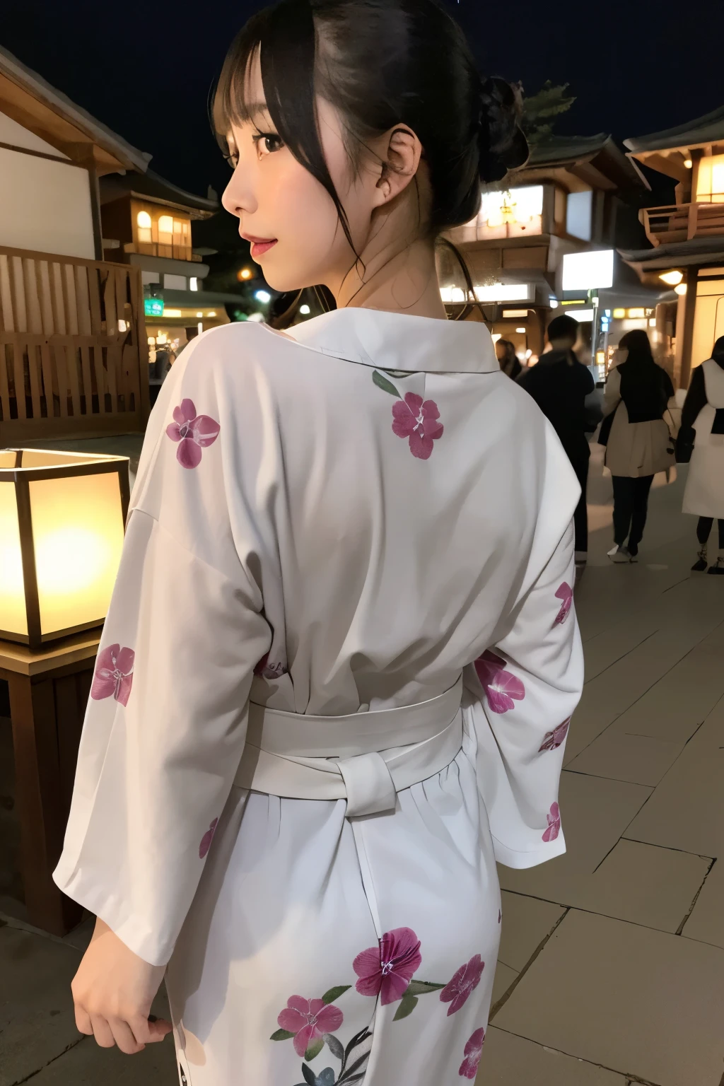 ((Highest quality)), ((masterpiece)), (detailed), One girl, Traditional Yukata、White、glamorous、Night view、Japanese、Black Hair、The back is hidden、Nape