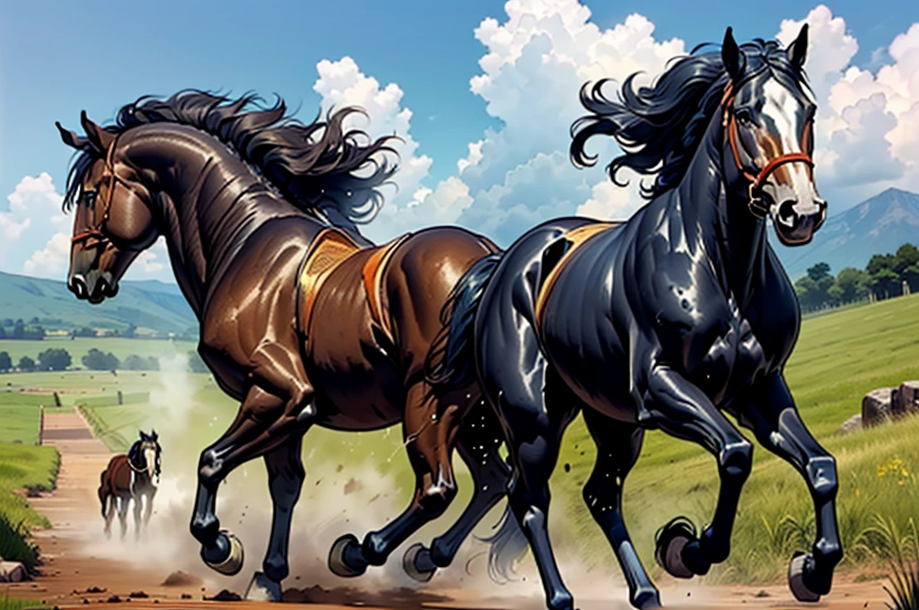  (full figured very dark skinned African woman :1.5). riding a big  fat Belgian draft horse  mare (side view) ( realistic equine anus, horse dung, scat covered, scat splatter, scat stains:1.1). (big bum:.5). very short tail. horse facing horizon .   flat grass meadow. steaming horse dung behind horse.   cloudless blue sky. 