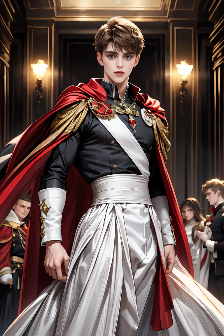 masterpiece, 最high quality, high quality, 1 boy, alone, Male focus, Watching the audience, Messy ash brown hair, Adorable big blue eyes, White, Noble, Noble,A sexy, voluminous, puffy black and red cape、vampire、A very voluminous, large, very large, very large, long, long red and black cape with a high stand-up collar, made of a lot of fabric that reaches down to the floor., 17 years old,Cute beautiful boys,Cute, cute, kind, handsome guy