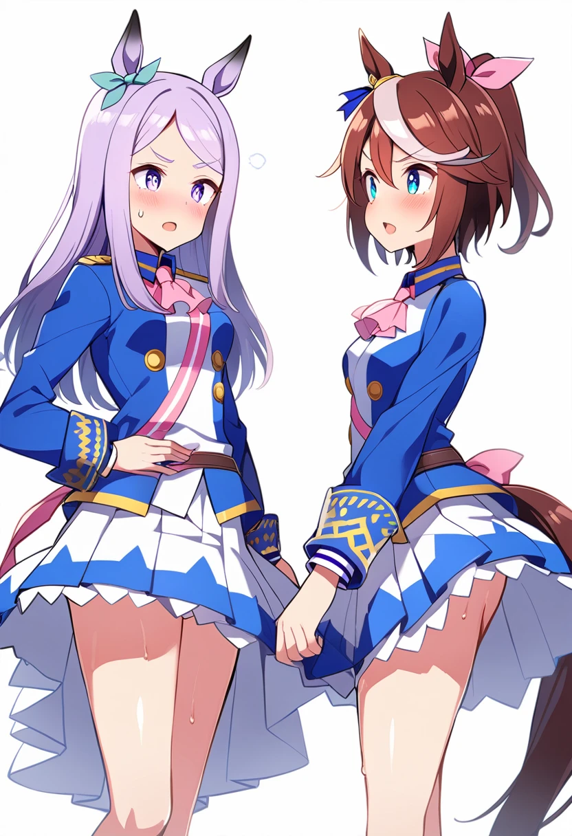 2 Girl, tokai teio (umamusume), mejiro mcqueen (umamusume),umamusume,standing,panties,wind skirt,shiny skin,sweat,Medium breasts,masterpiece,mid,