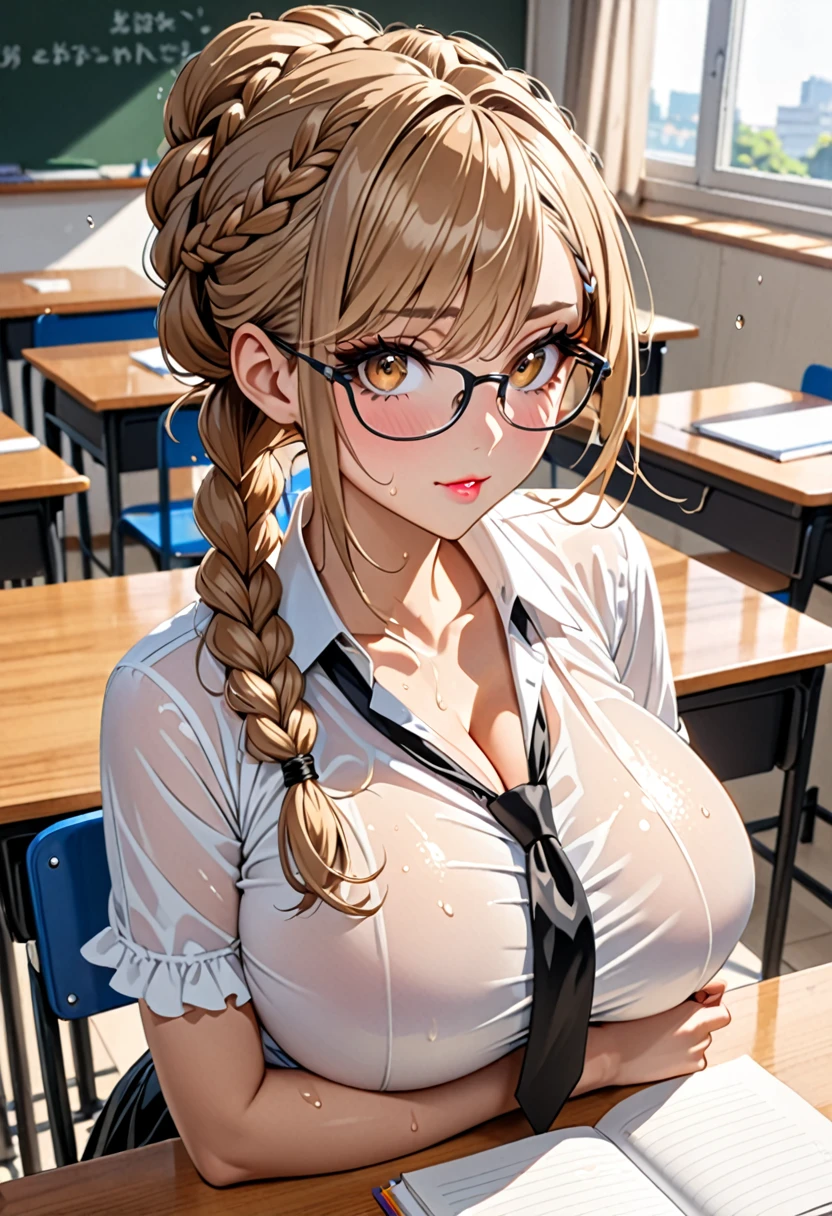 (((Highest quality, Ultra-high resolution、The most complex and detailed depiction)))、((masterpiece:1.3)), (8k, RAW Photos, Best image quality: 1.4), Very detailedな顔、Attention to detail、(Beautiful woman:1.4),(Realistic:1.4) (8k, RAW Photos,), (photo-Realistic:1.2), Very detailed, Beautiful attention to detail, (girl:1.3)Dark eyeliner、Eyelash length、False eyelashes、double eyelid、Brown eyes、Light fluorescent lip gloss, ((hostess:1.2)),(Huge breasts:1.6),、(Cleavage:1.2)、(((Light brown hair、braid one's hair、((Tie your braided hair behind your head,Put your braided hair up)))))、Gal-style makeup、Dark eyeliner、Black eyeliner、Heavy eye makeup、Eyelash length、False eyelashes、Eyelash length、Big eyes、Big black eyes、Big eyes、elongated nose、Heavy makeup、Face with gills、Spread your legs and look forward.、(((whole body)))、sexy、Glamorous Body、(Saggy breasts、Large saggy breasts)、((Sweat、Your body is wet))、School classroom、sit cross-legged at a desk、Sleeveless white frill shirt、Black tight skirt、Female teacher with glasses、Top view of a black tie、