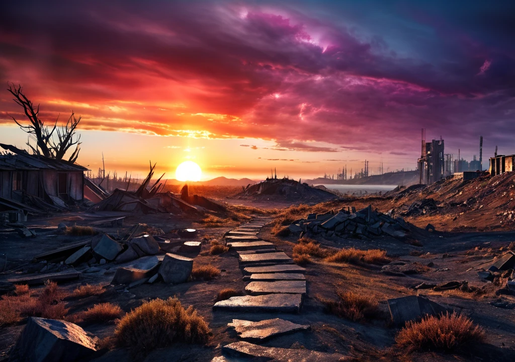 post-apocalyptic sunset at the end of the world of the new dawn aquarelle drawing, high quality photography, 3 point lighting, flash with softbox, 4k, Canon EOS R3, hdr, smooth, sharp focus, high resolution, award winning photo, 80mm, f2.8, bokeh