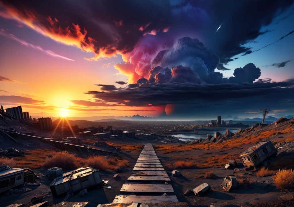 post-apocalyptic sunset at the end of the world of the new dawn aquarelle drawing, high quality photography, 3 point lighting, flash with softbox, 4k, Canon EOS R3, hdr, smooth, sharp focus, high resolution, award winning photo, 80mm, f2.8, bokeh