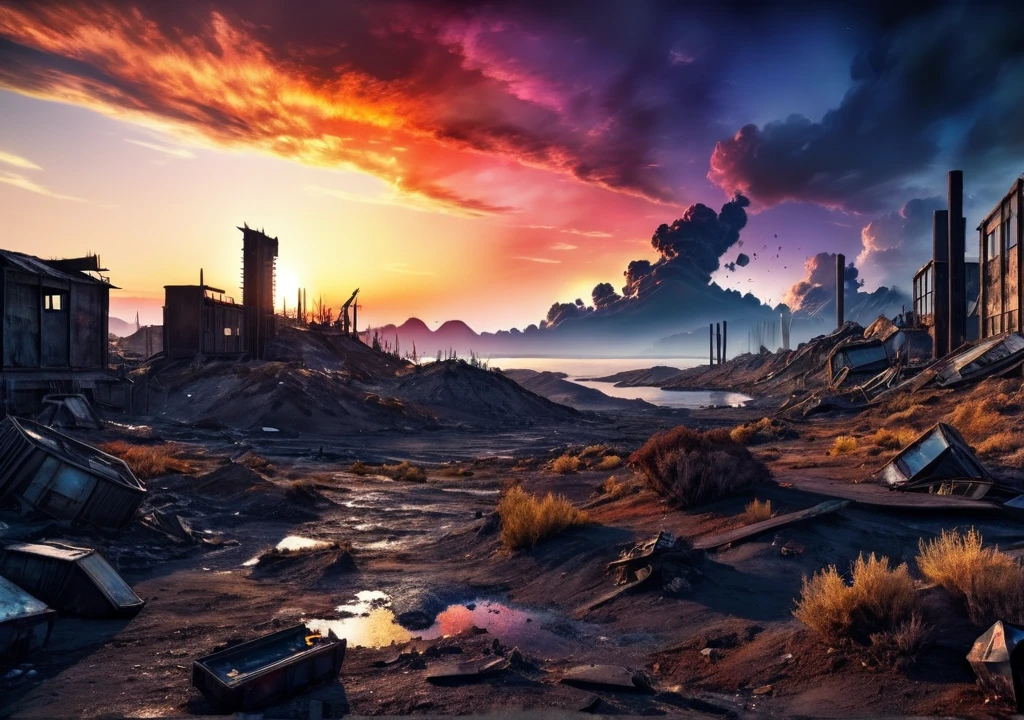 post-apocalyptic sunset at the end of the world of the new dawn aquarelle drawing, high quality photography, 3 point lighting, flash with softbox, 4k, Canon EOS R3, hdr, smooth, sharp focus, high resolution, award winning photo, 80mm, f2.8, bokeh