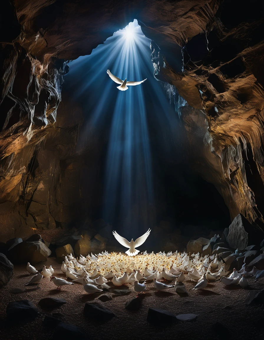 "An ethereal scene featuring a dark cavern illuminated by a single soft beam of light shining from above. In the center of the soft light beam, a few white doves are gracefully flying upwards, symbolizing freedom and peace. At the base of the light, "BROKEN CHAINS" are lying on the ground, suggesting liberation, freedom from captivity. The surrounding hard rock cave walls are rugged and dark, contrasting with the serene and hopeful ambiance created by the soft light beam and dove.