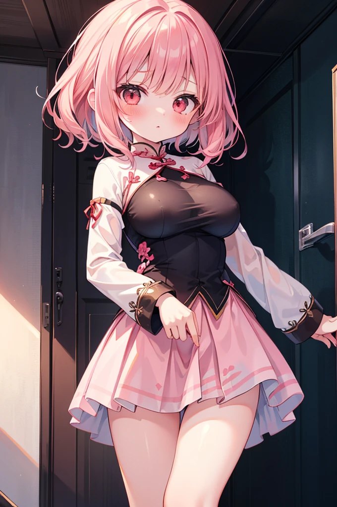 nsfw,((Masterpiece)),((high resolution)),((Best Quality)),Anime illustration,((1girl)),(wavy hair),(short hair),(pale pink hair color),small ponytail,Red eyes,(Big round eyes),((tareme)),,((loli face)),ry big breasts)),Short stature,,,Ao Dai,No sleeve,mini skirt,blush,I'm very embarrassed,arms up behind,