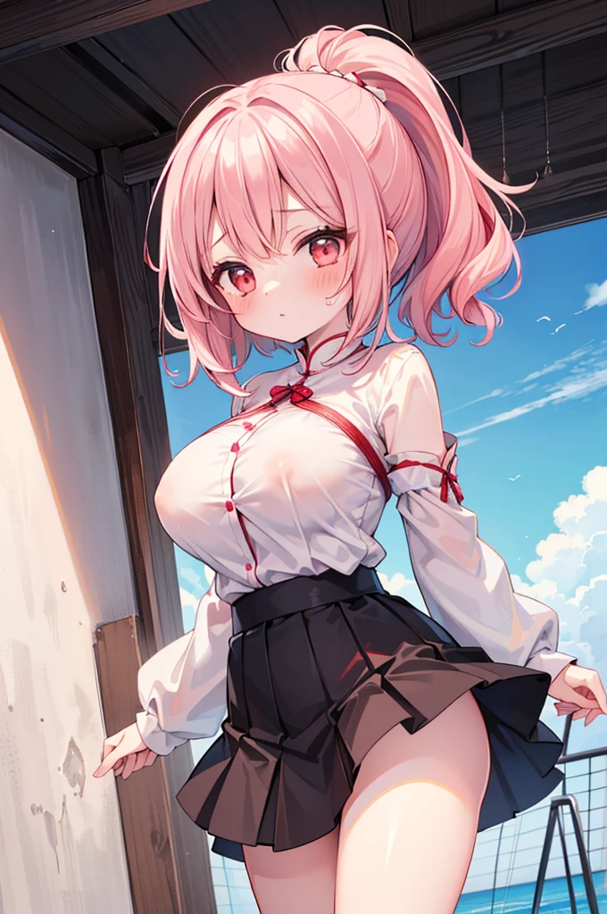 nsfw,((Masterpiece)),((high resolution)),((Best Quality)),Anime illustration,((1girl)),(wavy hair),(short hair),(pale pink hair color),small ponytail,Red eyes,(Big round eyes),((tareme)),,((loli face)),ry big breasts)),Short stature,,,Ao Dai,No sleeve,mini skirt,blush,I'm very embarrassed,arms up behind,