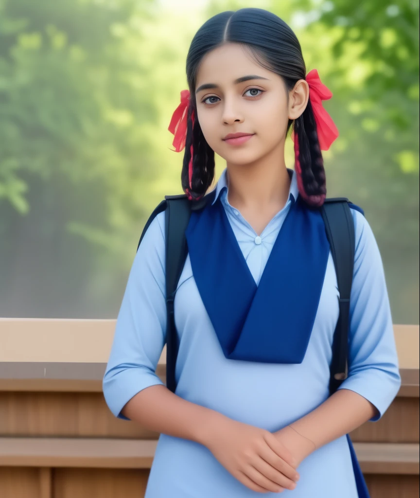 Raw photo , 1 girl  ,Wearing  salwar kameez uniform, teen school girl, with plait , professional photographer, (hdr:1.4), masterpiece, ultra-realistic 8k, perfect artwork, intrincate details, cute face, award winning photograph, (Best quality, 8k, 32k, Masterpiece, UHD:1.3) 