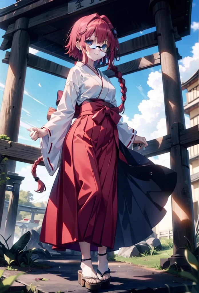 Meia Kurosaki,Meia Kurosaki,Redhead,Long Hair,Long braids,Purple eyes,Glasses, (Small breasts:1.2),Shrine maiden, 白いkimono, kimono, As with the skirt, Wide sleeves, Long sleeve, Red too,Long skirt,White tabi,Sandals,smile,blush,Sleeves edged with ribbon, whole bodyがイラストに入るように,
break looking at viewer,whole body,
break outdoors, shrine,torii,
break (masterpiece:1.2), Highest quality, High resolution, unity 8k wallpaper, (shape:0.8), (Beautiful attention to detail:1.6), Highly detailed face, Perfect lighting, Extremely detailed CG, (Perfect hands, Perfect Anatomy),