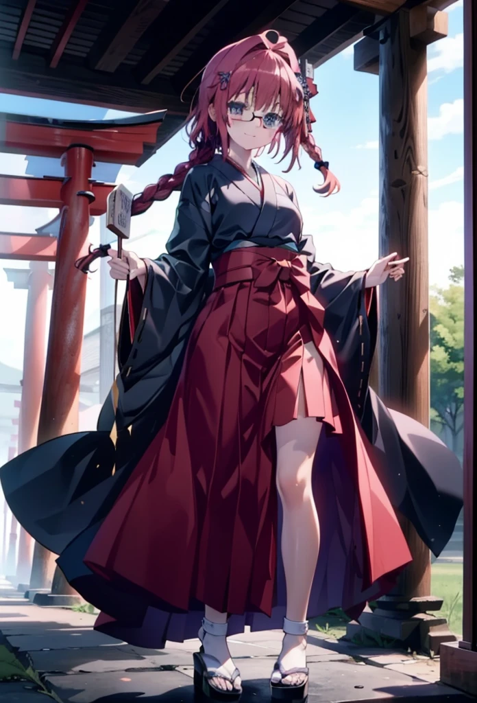 Meia Kurosaki,Meia Kurosaki,Redhead,Long Hair,Long braids,Purple eyes,Glasses, (Small breasts:1.2),Shrine maiden, 白いkimono, kimono, As with the skirt, Wide sleeves, Long sleeve, Red too,Long skirt,White tabi,Sandals,smile,blush,Sleeves edged with ribbon, whole bodyがイラストに入るように,
break looking at viewer,whole body,
break outdoors, shrine,torii,
break (masterpiece:1.2), Highest quality, High resolution, unity 8k wallpaper, (shape:0.8), (Beautiful attention to detail:1.6), Highly detailed face, Perfect lighting, Extremely detailed CG, (Perfect hands, Perfect Anatomy),