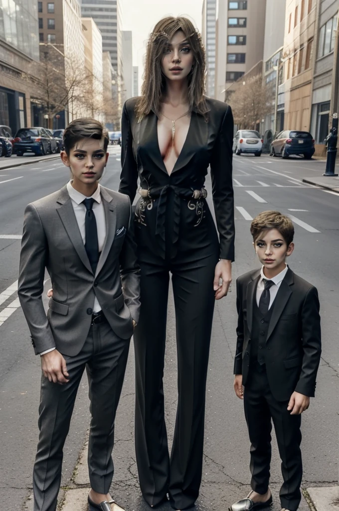 Tall wife in the middle, short husband in the left, short son in the right, beautiful faces, wife is wearing suit and pants, wife has big , wife is showing cleavage, wife is ripped, wife's suit has a belly button cutout, wife has ripped visible abs, make the girls even more taller than the boys, boys are very thin and weak, boys wearing suit and pants, wife is standing barefoot, boys are wearing office shoes