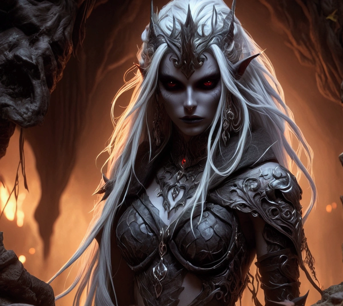 a close up of a woman with white hair and a horned face, dark elf princess, beautiful dark elf countess, diablo 4 queen, 4k fantasy art, diablo 4 lilith, 8k fantasy art, dark elf maiden, karol bak uhd, dark elf, hyperdetailed fantasy character, detailed fantasy art, unreal engine fantasy art, of an elden ring elf