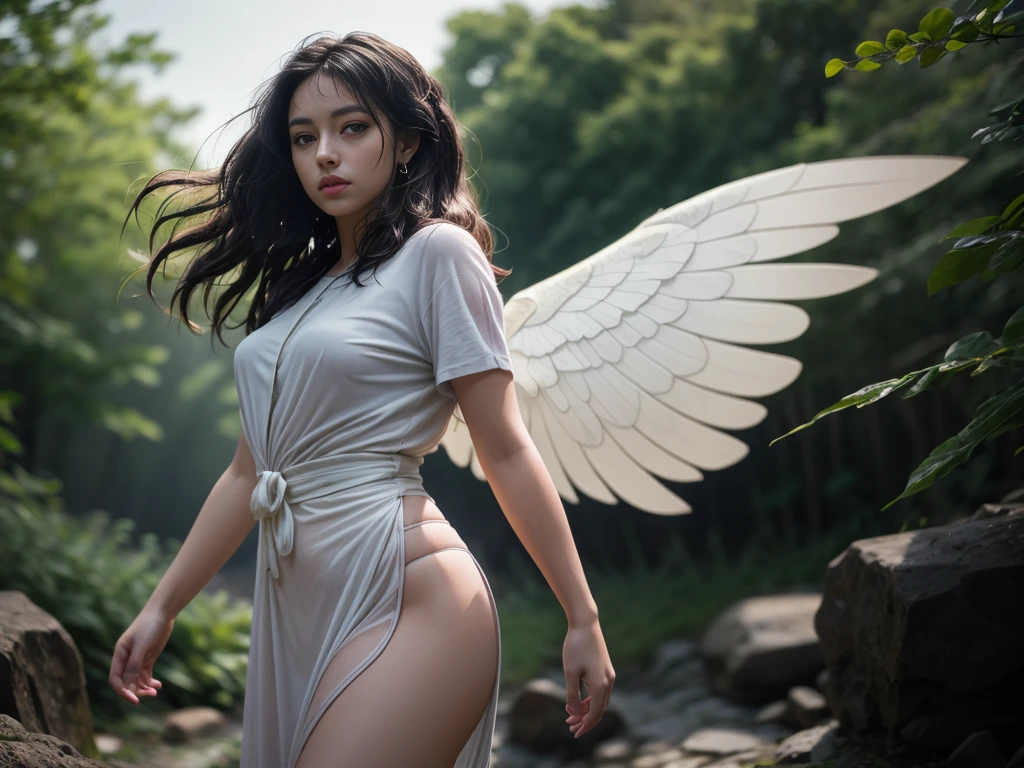 ((outdoor, highest quality, masterpiece:1.4)), WhiteWetWear, realistic hands, (1 female), ((Very small face:1.3)), (Wavy hair fluttering in the wind:1.3), Innocence, Pure, ((highest quality, 8k, masterpiece:1.3)), (Perfect body beauty), blurred forest Background, (look back), Thin legs, wide white towel underpants, white panties, She looks back. laced underpants, torn underpants, full body, large white dress, large wide white skirt, ((work of malediction and death)), Shout. Dominant pose. Realistic hands. [The character is surrounded by mist, evoking a mysterious and eerie atmosphere. The lighting is dark and atmospheric, with smoke adding a touch of sinister ambiance. Best quality image, HDR enhancement, showcasing the utmost level of detail and realism, full body shot:1.5]. [8K, Best Quality, Ultra High Resolution, (highly detailed CG unity 8k wallpaper), (best photo), (best shadows), isometric 3D, octane rendering, ray tracing, highly detailed, (Best quality, 4K, 8k:1.2), absurdity, ultra detailed, (realistic, photorealistic, photorealistic:1.37), complex parts, HDR, (complex parts:1.12), (hyper detailed, hyper realistic, Soft lighting, spicy:1.2), (complex parts, Hyper detailed:1.15). Blurred foreground. (backlit), masterpiece, high quality, brightness, chromatic aberration, foggy smoke, shadows, contrast, clear sky, (warm hue, warm tone), high details, natural reflections]. (YES SFW)