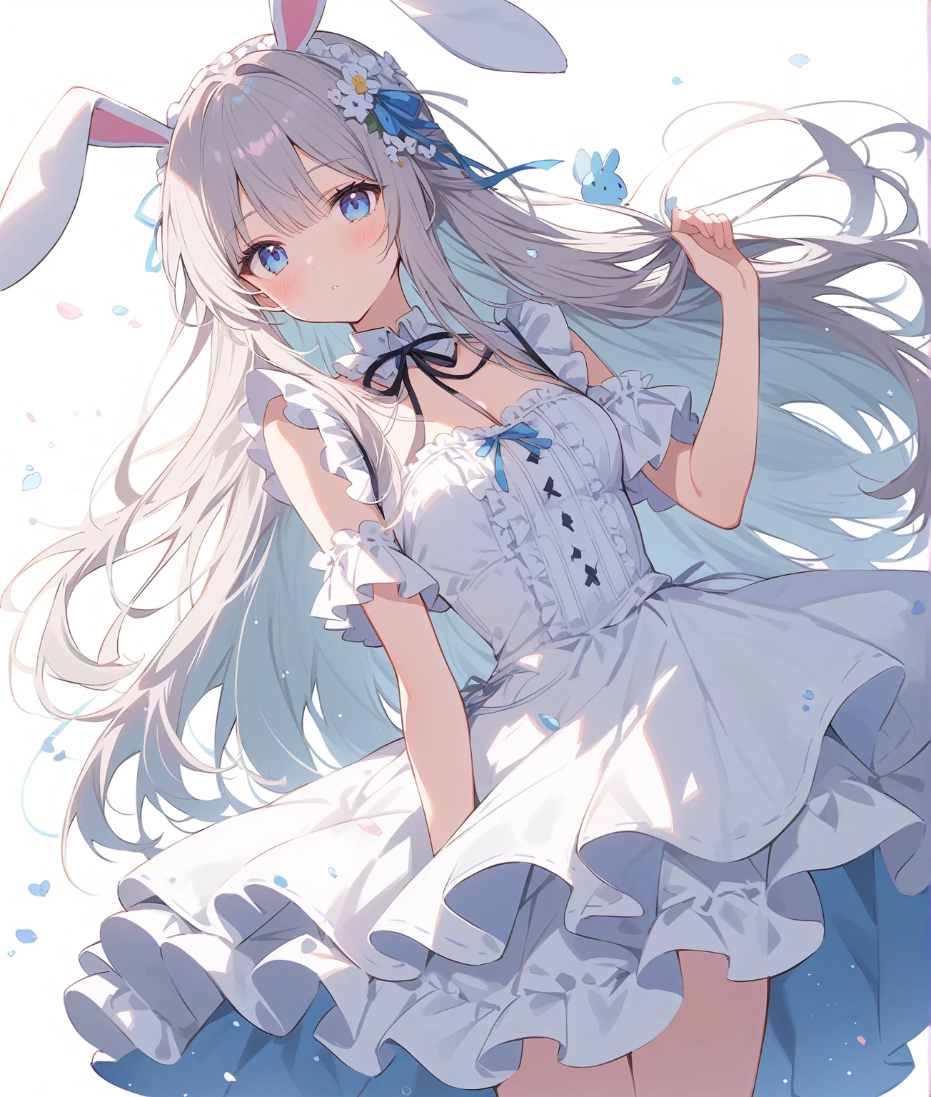high quality、girl、White Background、Long Hair、Gray Hair、Both sides up、blue eyes、Pure white lolita dress、Ephemeral、ribbon、Frills、Head ornament、droopy rabbit ears、