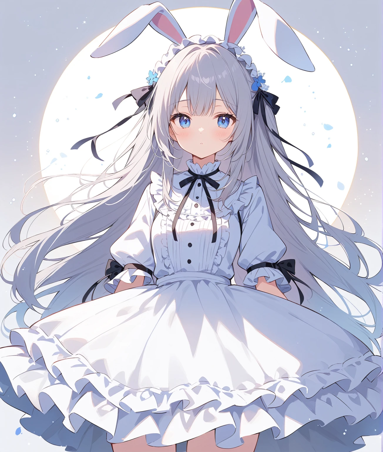 high quality、girl、White Background、Long Hair、Gray Hair、Both sides up、blue eyes、Pure white ta dress、Ephemeral、ribbon、Frills、Head ornament、droopy rabbit ears、