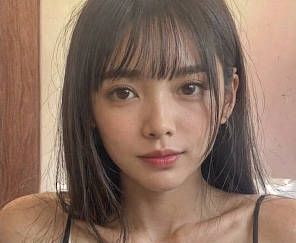 whiteroom, 1 person, Japanese woman, look at the camera, H~I cup, model's expression, Create an AI-generated image of a beautiful woman with the following facial features: straight medium-length black hair, parted bangs, large almond-shaped brown eyes with double eyelids, slightly upturned outer eye corners, small straight nose with a high bridge, small and well-shaped mouth with thin lips, smooth fair skin, oval-shaped face with high cheekbones, and a gentle, approachable smile. The woman should have a natural makeup look, with well-defined but natural eyebrows, lightly applied pink lipstick, a hint of natural blush, and long curled eyelashes. The face should have balanced proportions, be symmetrical, and give a youthful and clean appearance. , Tank top, Shiny skin, Sweaty body, Dramatic lighting, Huge breath, (8K, 4K, Best Quality, High Definition, Ultra High Definition: 1.1), (Masterpiece, Realistic, Photorealistic: 1.1), #tarasuzuka24