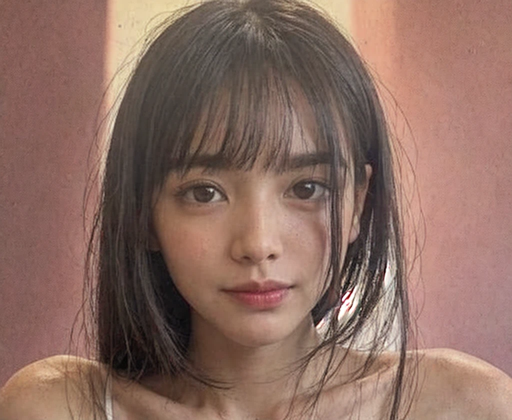 whiteroom, 1 person, Japanese woman, look at the camera, H~I cup, model's expression, Create an AI-generated image of a beautiful woman with the following facial features: straight medium-length black hair, parted bangs, large almond-shaped brown eyes with double eyelids, slightly upturned outer eye corners, small straight nose with a high bridge, small and well-shaped mouth with thin lips, smooth fair skin, oval-shaped face with high cheekbones, and a gentle, approachable smile. The woman should have a natural makeup look, with well-defined but natural eyebrows, lightly applied pink lipstick, a hint of natural blush, and long curled eyelashes. The face should have balanced proportions, be symmetrical, and give a youthful and clean appearance. , Tank top, Shiny skin, Sweaty body, Dramatic lighting, Huge breath, (8K, 4K, Best Quality, High Definition, Ultra High Definition: 1.1), (Masterpiece, Realistic, Photorealistic: 1.1), #tarasuzuka24