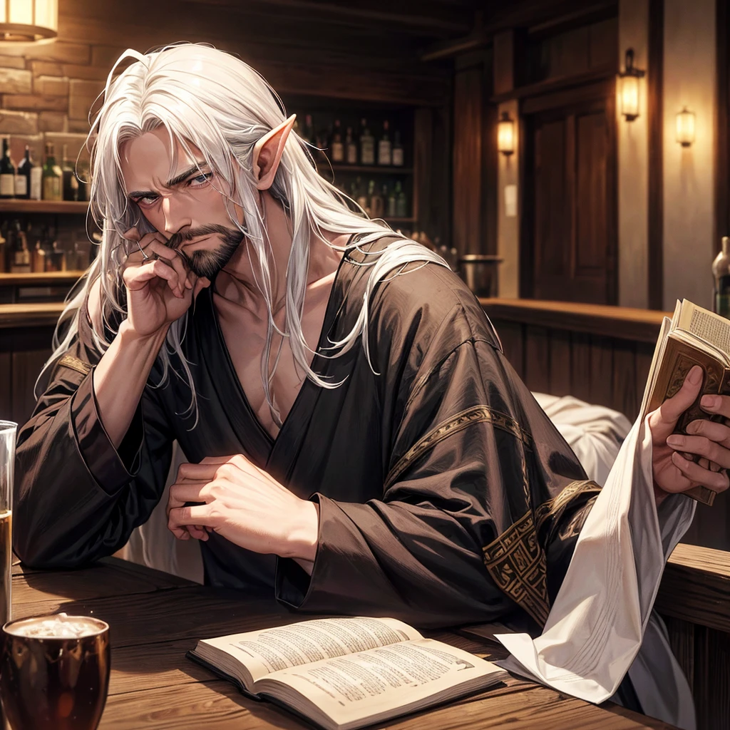 1 guy, Half elf, sleepy white eyes, Wise man, neck-length hair, messy hair, thin beard, drunkard, mediaval, Dress neatly, Wearing a black shirt and robe, white hair, lazy face, looks like haymitch from hungger game, alone at bar reading a book