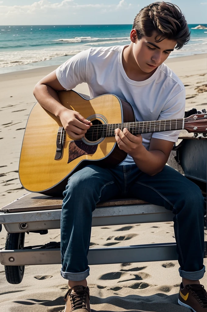 creates an image of a 19-year-old young man playing guitar on top of a truck on the beach