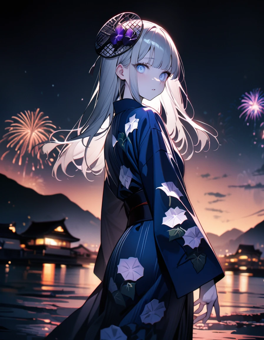 (8K, best quality, master piece: 1.2),super high resolution,1 girl,solo,16yo,ultra-detailed face,detailed eyes,silver eyes,blunt bangs,silver hair,Straight hair,Long hair,pale skin,astonished,(black Fascinator),lash extension,parted lips,BREAK,Morning glory flower pattern navy blue yukata,Japanese clothes,(long sleeve, long hem),cowboy shot,Looking back at the viewer,Reaching out a hand,pink rim light,(fireworks shining in the nigh tview)