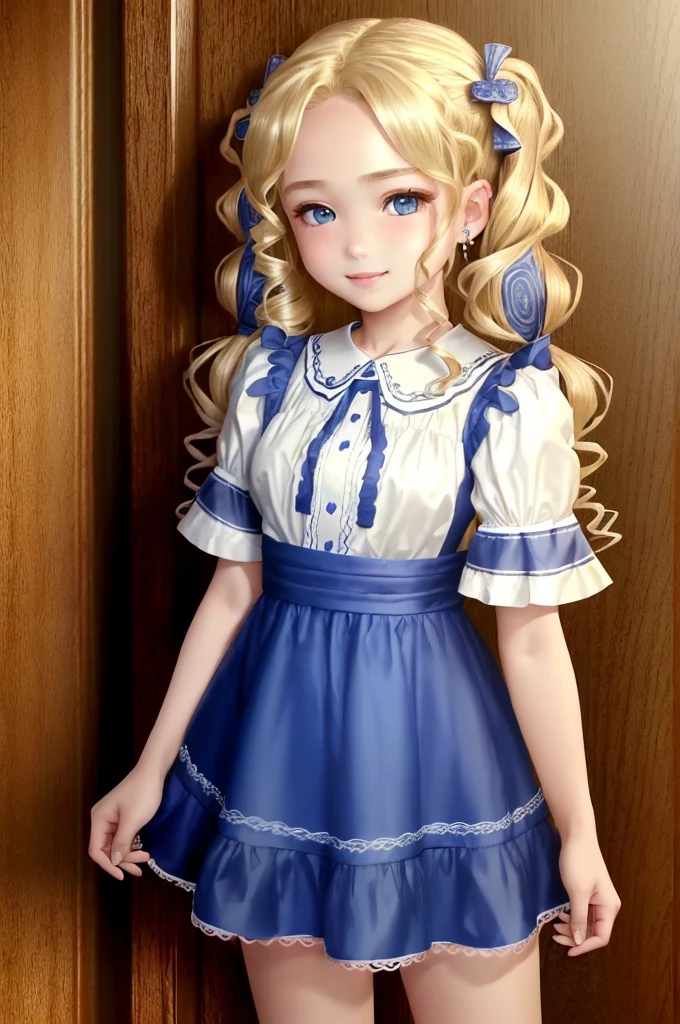 (8K、Top image quality、top-quality、masterpiece)、1 girl((Lori))、((Blonde curly hair twin tails))、Wavy Hair,、blue eyes、sweet smile、piercings、((small breasts))、 embroidered clothes、((shortsleeves))、is standing、mad max background scenario、12 yo、very young