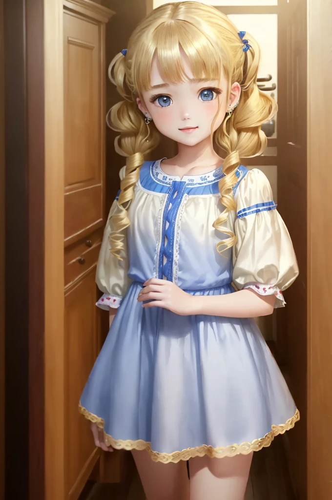 (8K、Top image quality、top-quality、​masterpiece)、1 girl((Lori))、((Blonde curly hair twin tails))、Wavy Hair,、blue eyes、sweet smile、piercings、((small breasts))、 embroidered clothes、((shortsleeves))、is standing、mad max background scenario、12 yo、very young