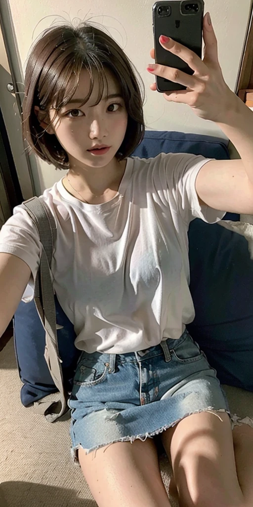 4k realistic, 25 years old, girl, grass, nature, messy hair, short hair, (selfie:1.4), korea style, Korean girl, bae suzy.