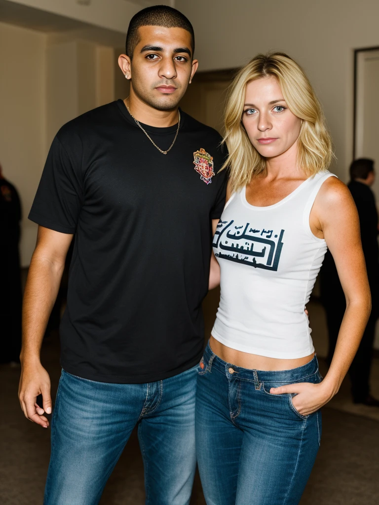 Middle aged mom, (38 years old, blonde, sexy, frowning,)  standing next to a menacing Arab age thug