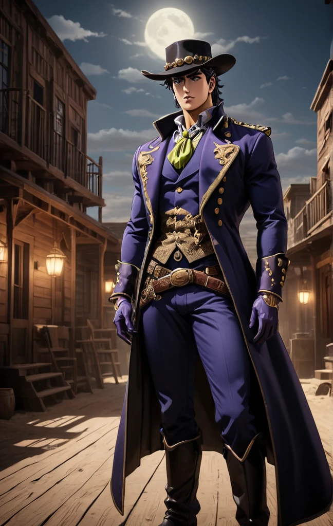 wild west style, (JoJo style, JoJo's Bizarre Adventure), Boujee aesthetics, stunning background. dark and moody, a mesmerizing blend of light and shadow. masterpiece, absurdres, intricate details the old west, historical, rustic, the wild west