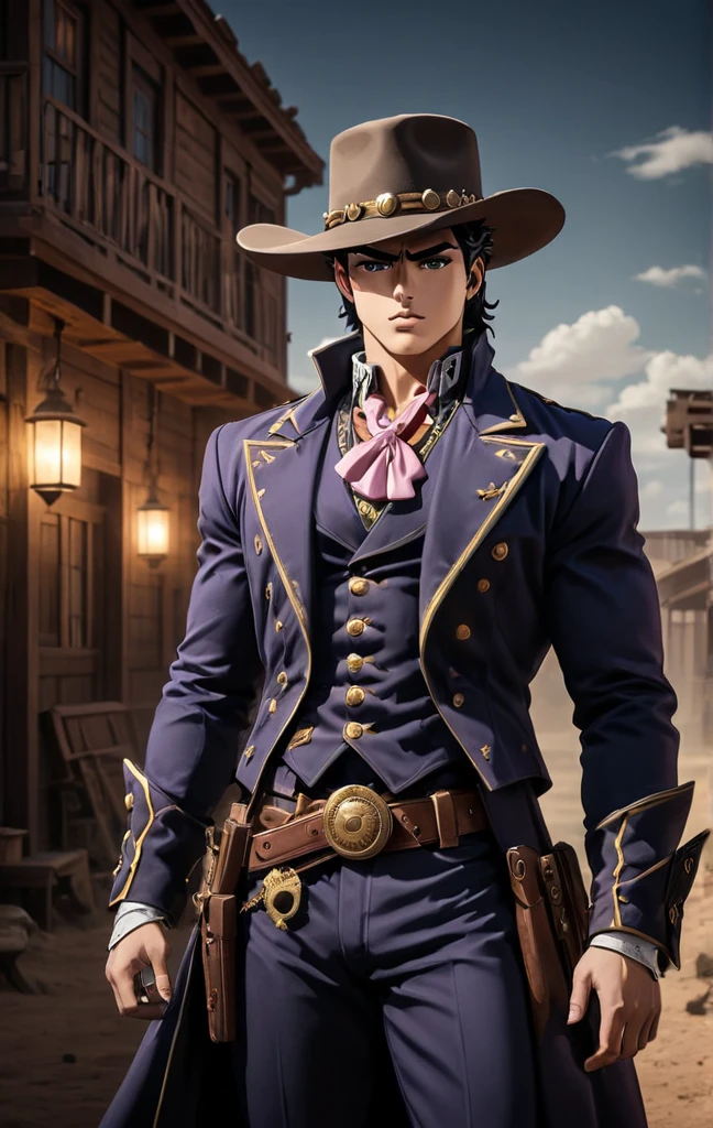 wild west style, (JoJo style, JoJo's Bizarre Adventure), Boujee aesthetics, stunning background. dark and moody, a mesmerizing blend of light and shadow. masterpiece, absurdres, intricate details the old west, historical, rustic, the wild west