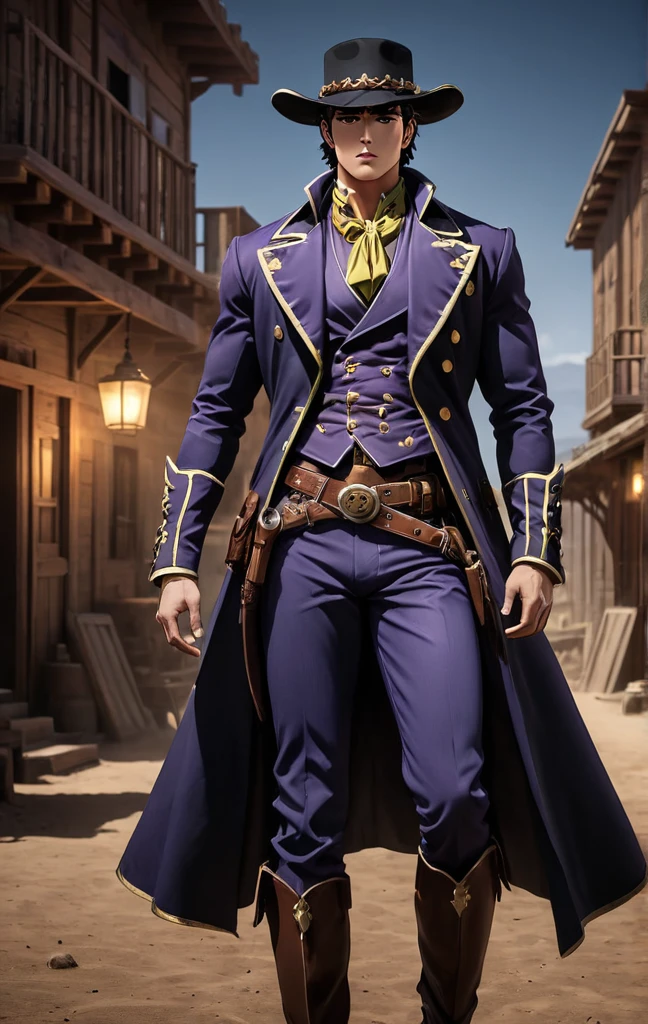 wild west style, (JoJo style, JoJo's Bizarre Adventure), Boujee aesthetics, stunning background. dark and moody, a mesmerizing blend of light and shadow. masterpiece, absurdres, intricate details the old west, historical, rustic, the wild west