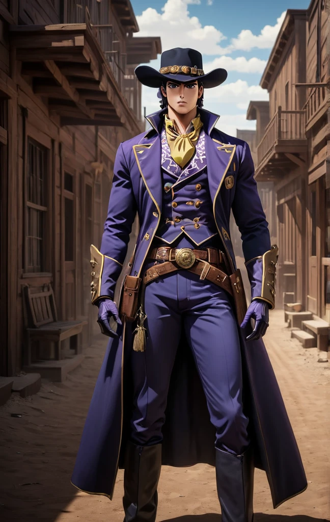 wild west style, (JoJo style, JoJo's Bizarre Adventure), Boujee aesthetics, stunning background. dark and moody, a mesmerizing blend of light and shadow. masterpiece, absurdres, intricate details the old west, historical, rustic, the wild west