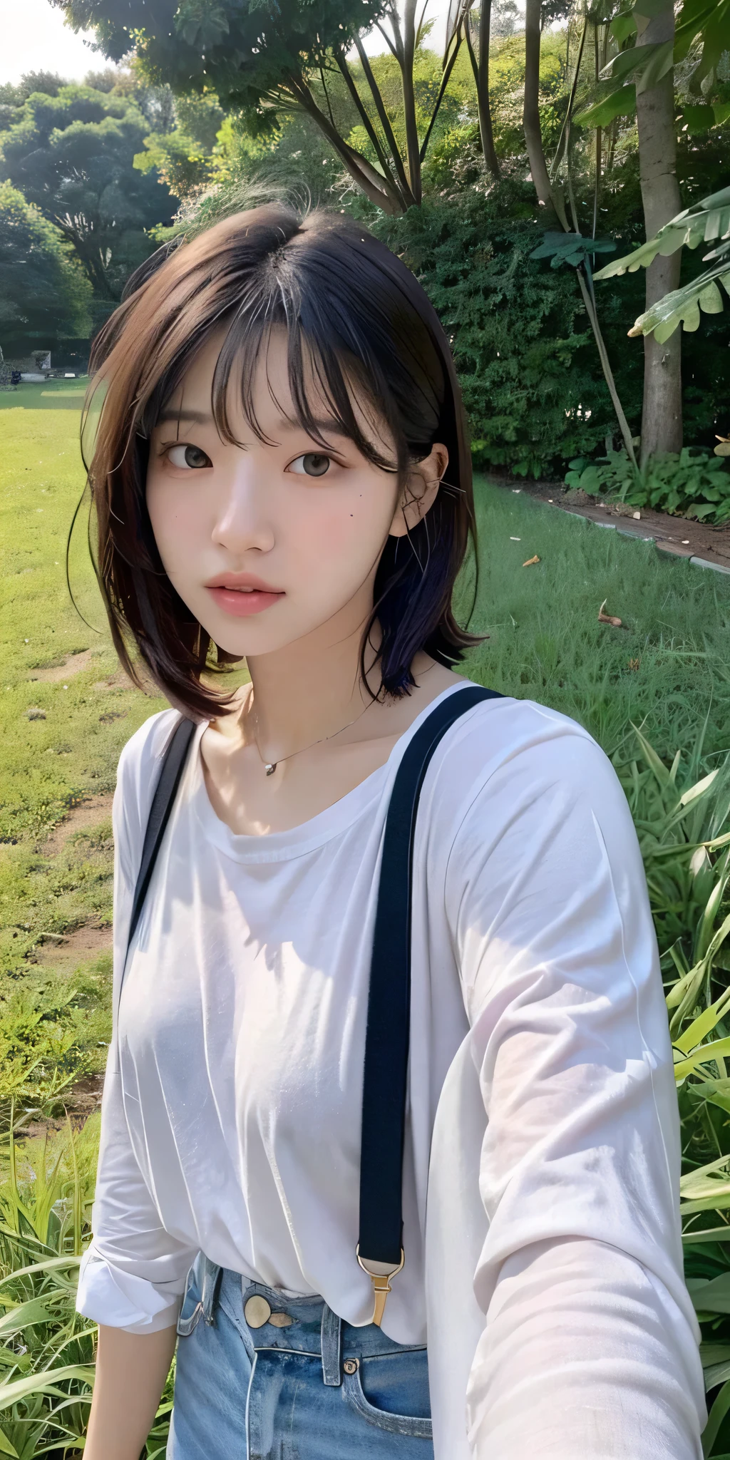 4k realistic, 25 years old, girl, grass, nature, messy hair, short hair, (selfie:1.4), korea style, Korean girl, bae suzy.