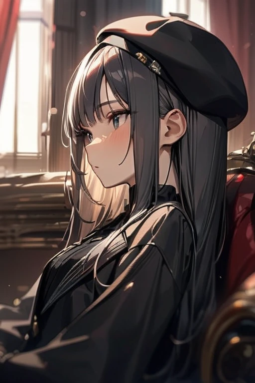 ((Best quality)), ((masterpiece)), (detailed), 1girl, bangs, beret, black dress, black headwear, 