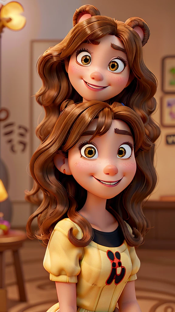 Disney Pixar Brunette , honey-colored eyes, Grinning, high qualiy, curled hair, black girl