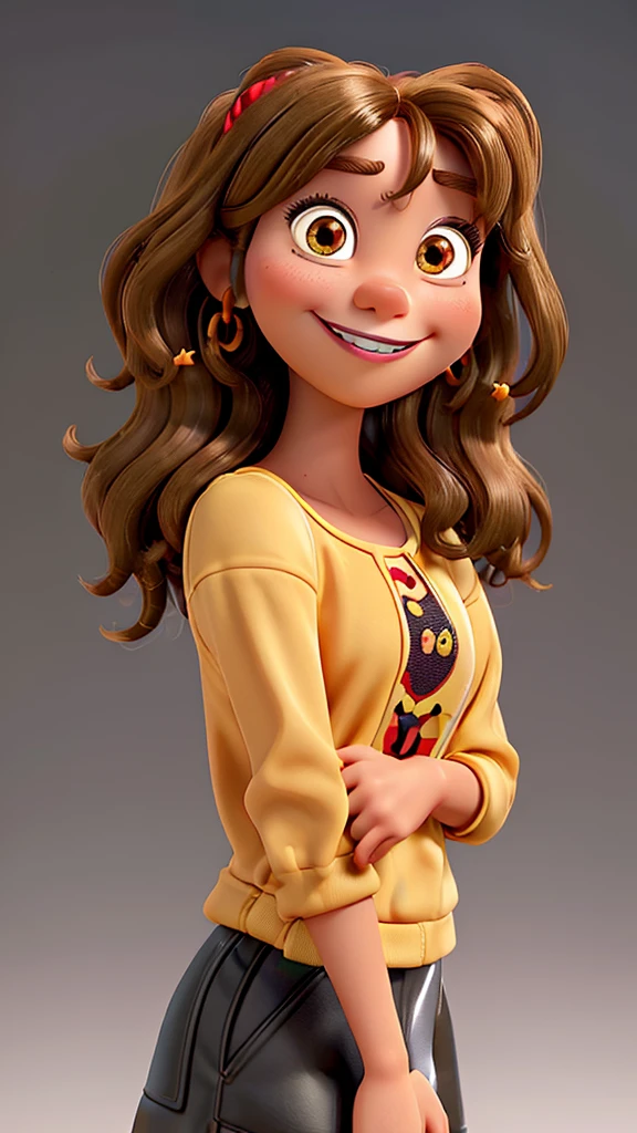 Disney Pixar Brunette , honey-colored eyes, Grinning, high qualiy, curled hair, black girl