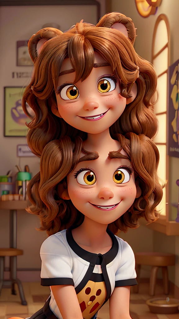 Disney Pixar Brunette , honey-colored eyes, Grinning, high qualiy, curled hair, black girl