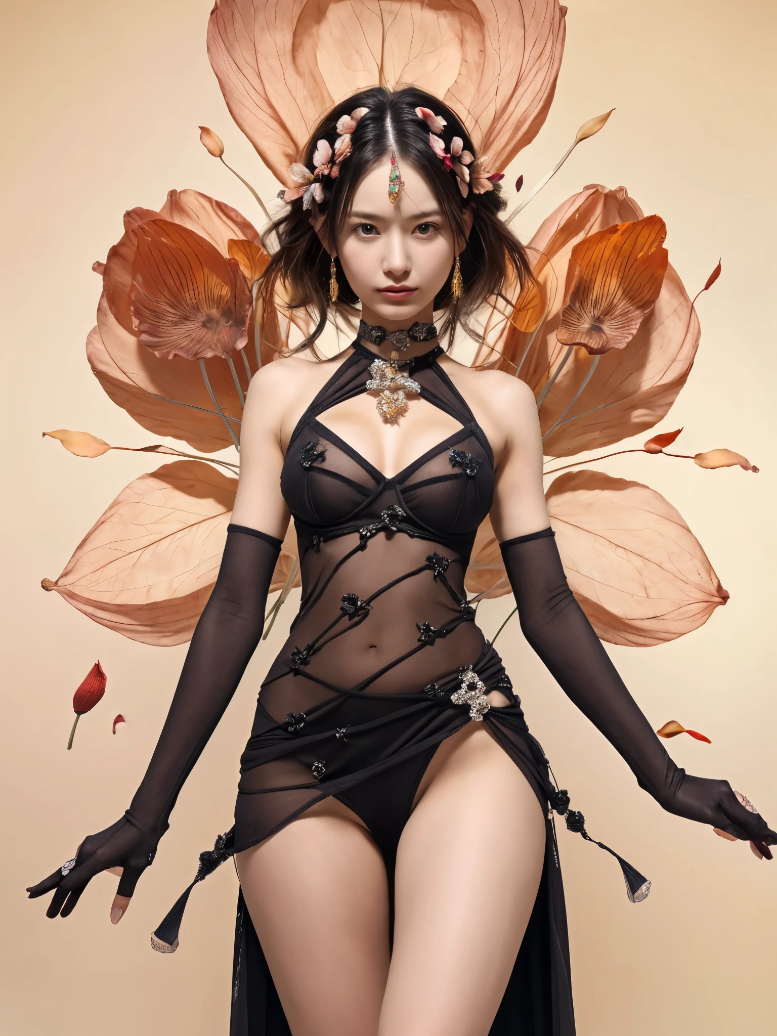 1girl, goddess, breasts, o-ring, v-lines, (thighs:1.2), detailed face, looking at viewer, drapped dress, (ancient artifact:1.4), (complex petal structure:1.4), space background, black and red entanglement, crystal and silver entanglement,