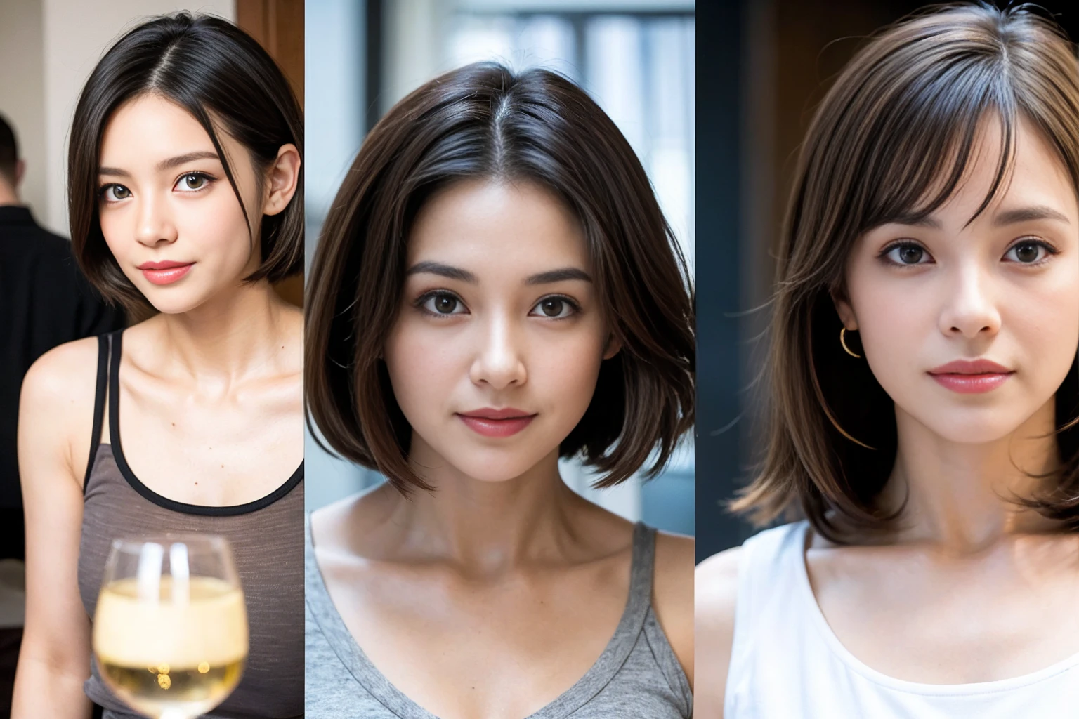 （Realistic:1.2）,(masterpiece,Highest quality)，8k,((2人のwoman)),40 years old,wine glass、White wine、Tight waist,Big Hips,Perfect ???????, Brown Hair, short hair,Random Hairstyles,((Highly detailed face and eyes:1.2))(Cute Face:1.4)，Beautiful actress face，Perfect golden ratio face，woman&#39;suit、Nice,(smile:1.2)、