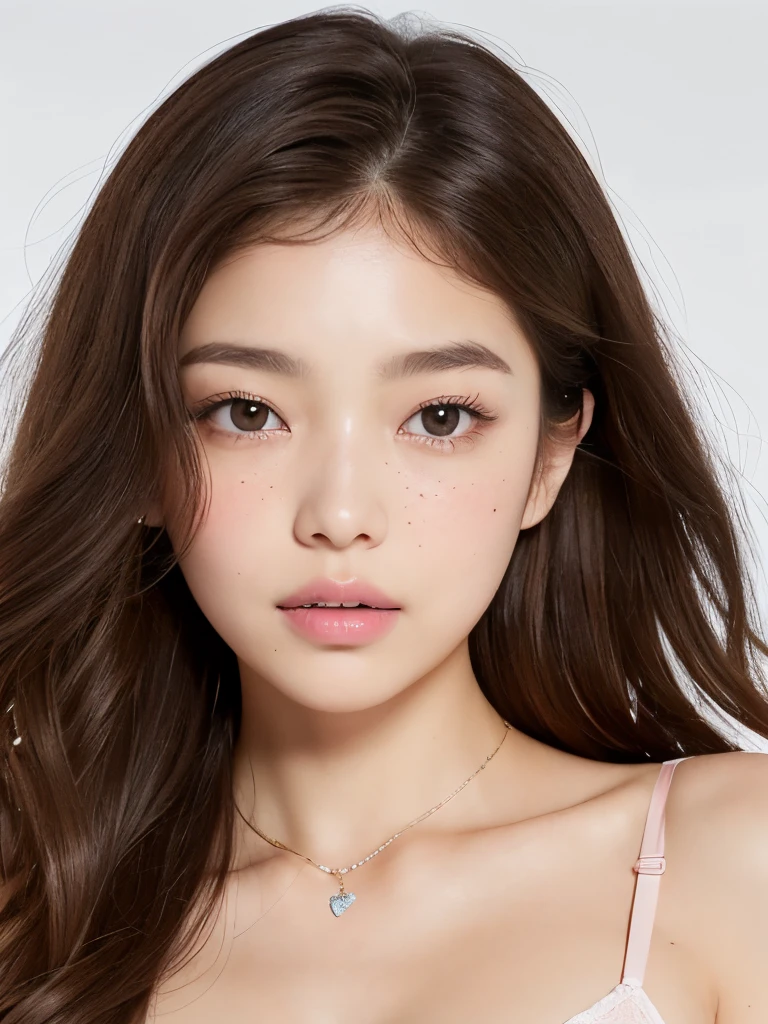 Kim Jennie with light brown hair, with curls , all her hair light brown, black eyes, Beautiful eyes, crying eyes, upturned and pretty nose, beautiful lips, pink lips, heart and cupid shaped lip, beautiful skin, White skin, with moles and freckles all over his face, soft pink blush on cheeks, natural pink blush, soft pink makeup, Nice neck, marked collar, seductive look, with a necklace, while wearing lace lingerie, transparent white sexy lingerie, transparent sexy lingerie, bare abdomen, thin and marked, (big breasts, soft breasts, Beautiful breasts, soft breasts), while at the beach, looking to the camera