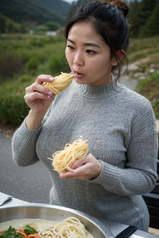 Raw, best quality, masterpiece, Ultra-realistic, ultra-detailed, wavy  korean mommy, 45-year-old satin sweater, big breasts, vomiting mouth, eating noodles nastily, moutain background,  in foggy weather, 8k resolution 
