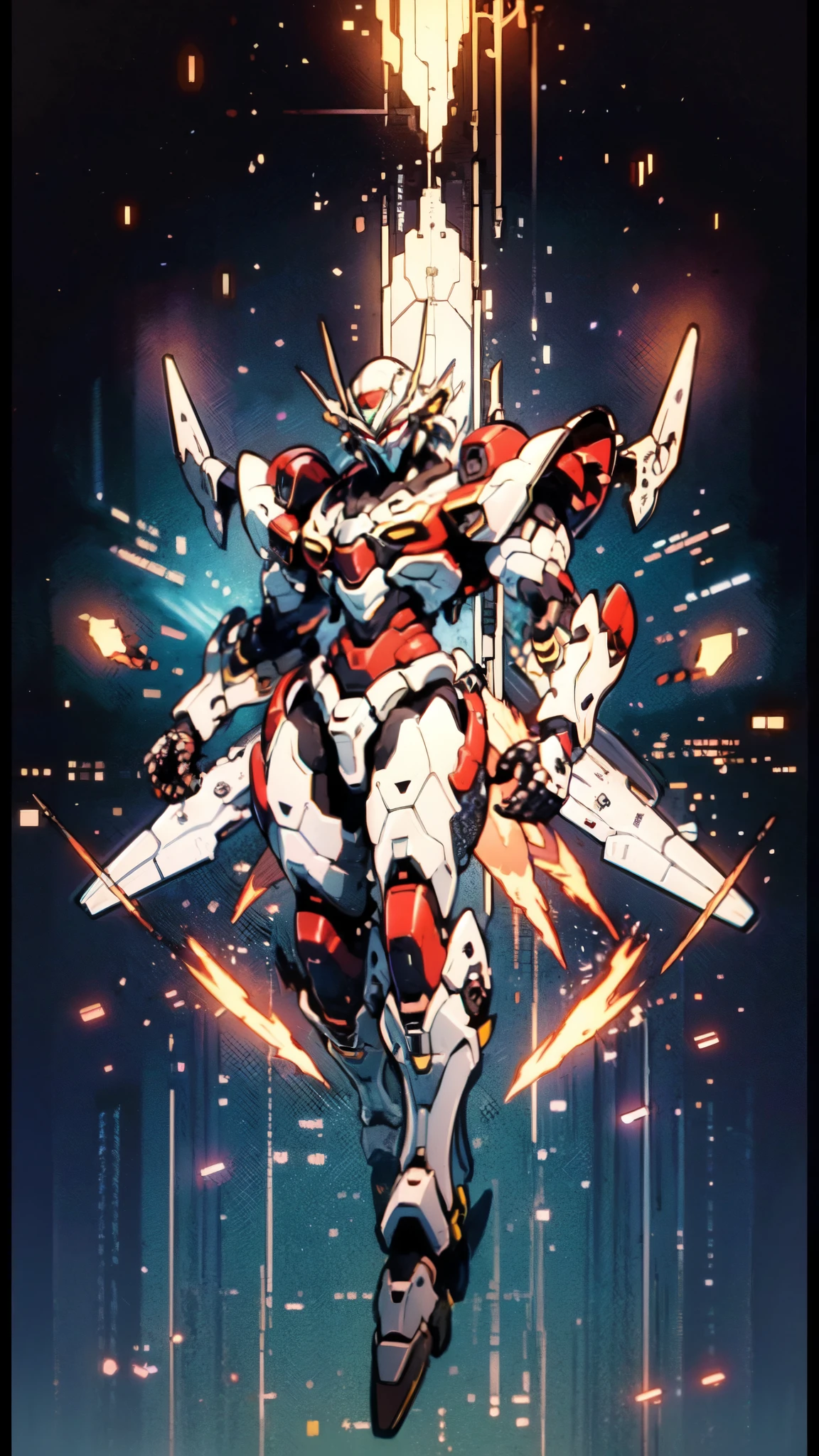 (masterpiece:1.5, best quality:1.5, extremely delicate:1.5), humanoid Mecha, fully enclosed shoulder guards, matching arm and leg guards, full body, full armor, the design balances heavy with agility, (the color scheme is primarily white with red and blue accents, the concept Inspired by Super robot, organic biotech armor, standing, floating high above the futuristic sci-fi city), exquisite and mature art style, (aura effect, energy, glowing eyes, the armor glows), metallic, dramatic, high definition, highres, ultra-detailed, ultra-fine painting, professional, perfect body proportions, anatomically correct, symmetrical face, extremely detailed eyes and face, high quality eyes, creativity, RAW photo, UHD, 32k, Natural light, cinematic lighting, masterpiece-anatomy-perfect