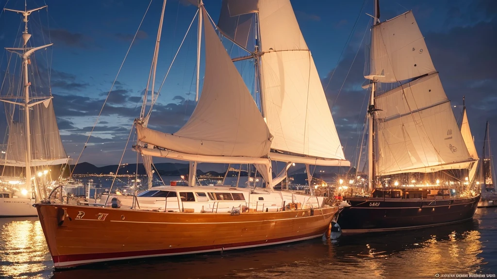 A three-masted sailboat returns to port on a summer evening. A lighthouse is lit and the quays are lit by street lamps. 